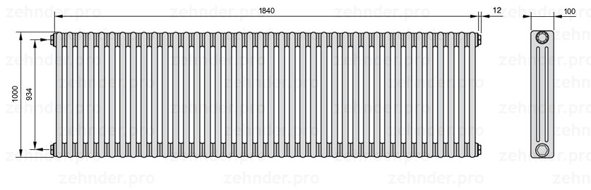 Схема (чертеж) Радиатор Zehnder Charleston 3100/40 №1270 Белый глянцевый RAL 9016